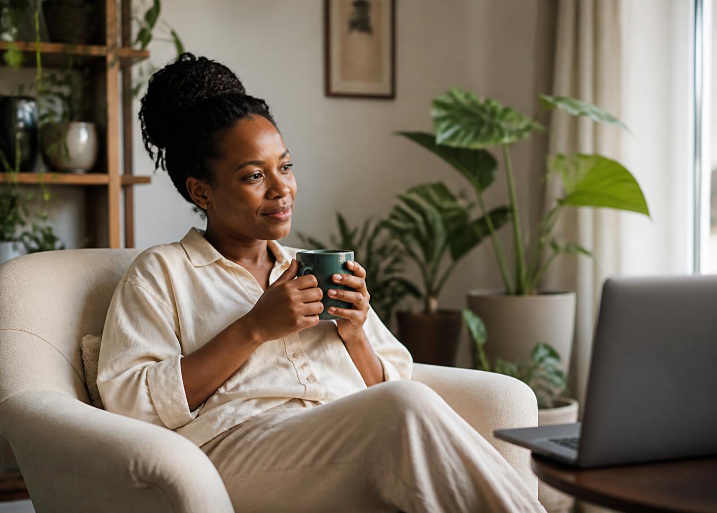 A woman settling in at home for a virtual therapy session