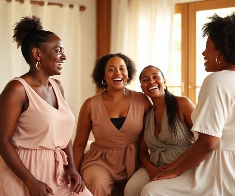 Women laughing together in a supportive circle